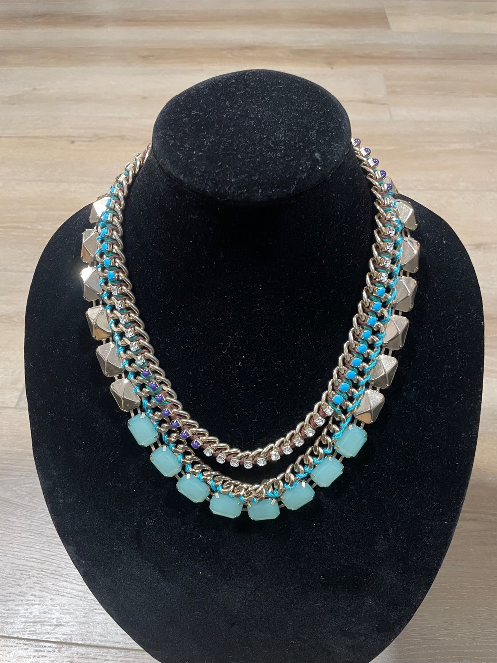 Gold Tone Layered Necklace with Aqua and Iridescent Accents